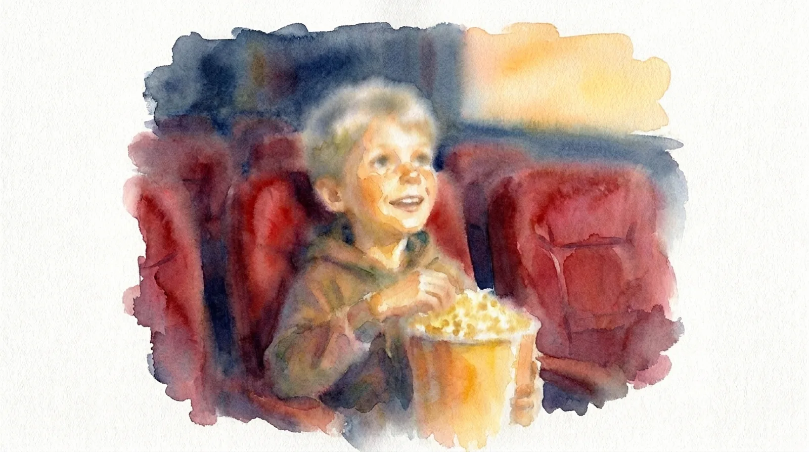 Akwarela: chłopiec z popcornem w kinie